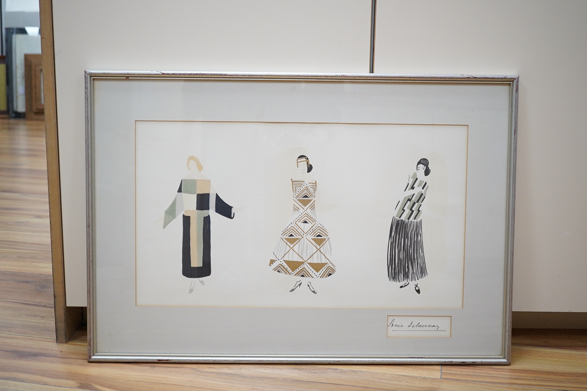 Sonia Delaunay, lithographic pochoir, designs for dresses, see label verso, 1925, signed. Condition - fair